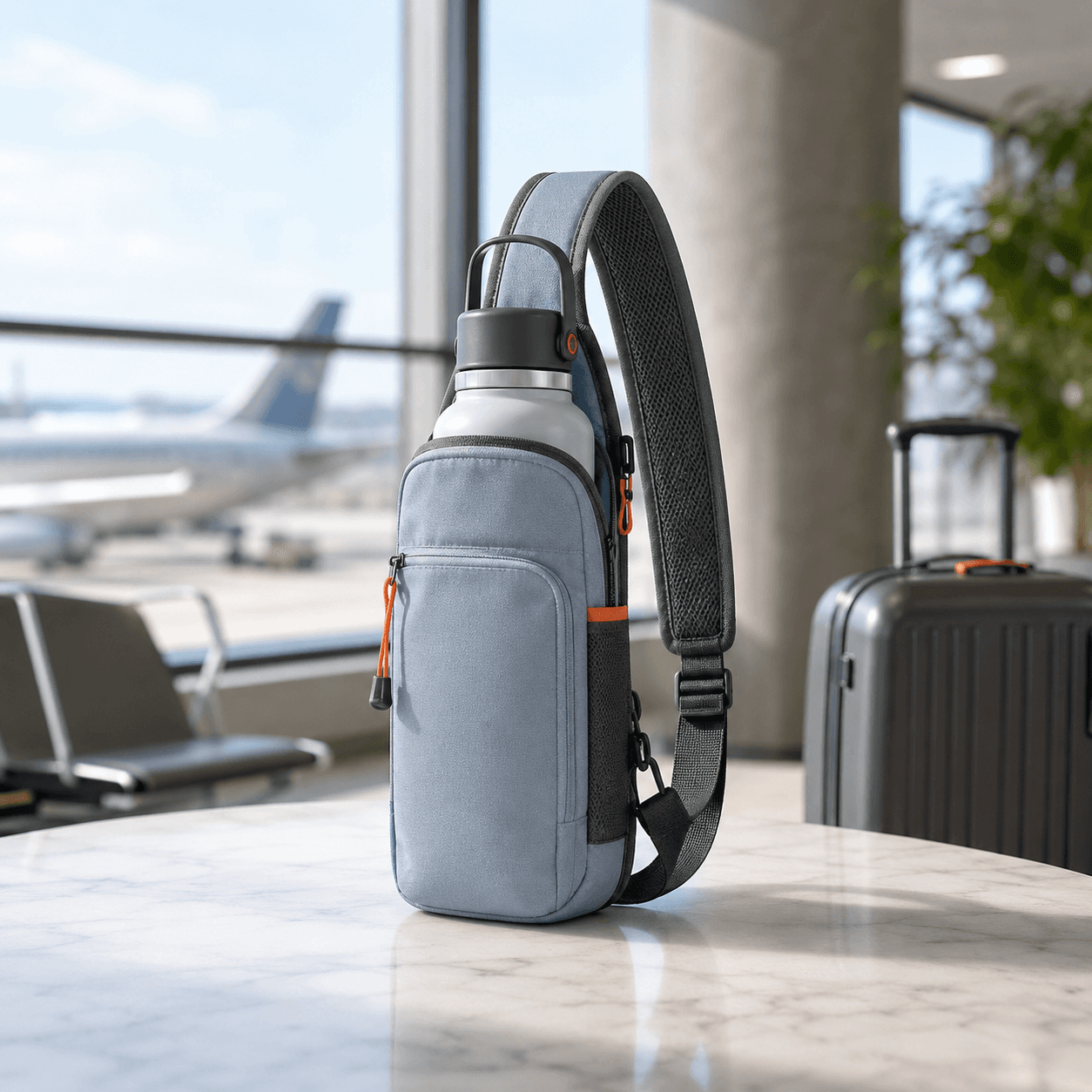 Fog-blue carry-on bottle sling holding a water bottle on a studio backdrop