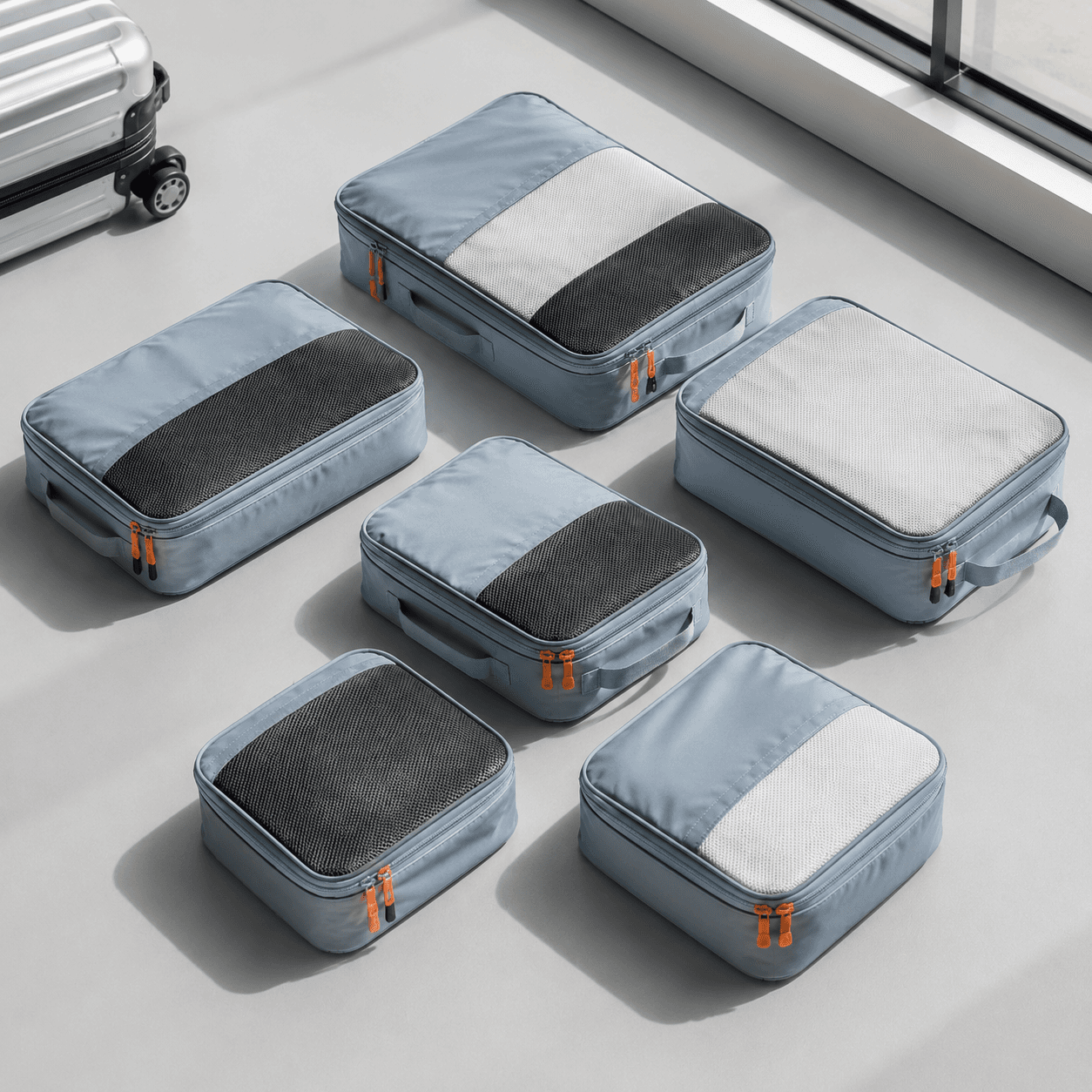 Fog-blue compression packing cube set of six laid flat on a neutral studio backdrop