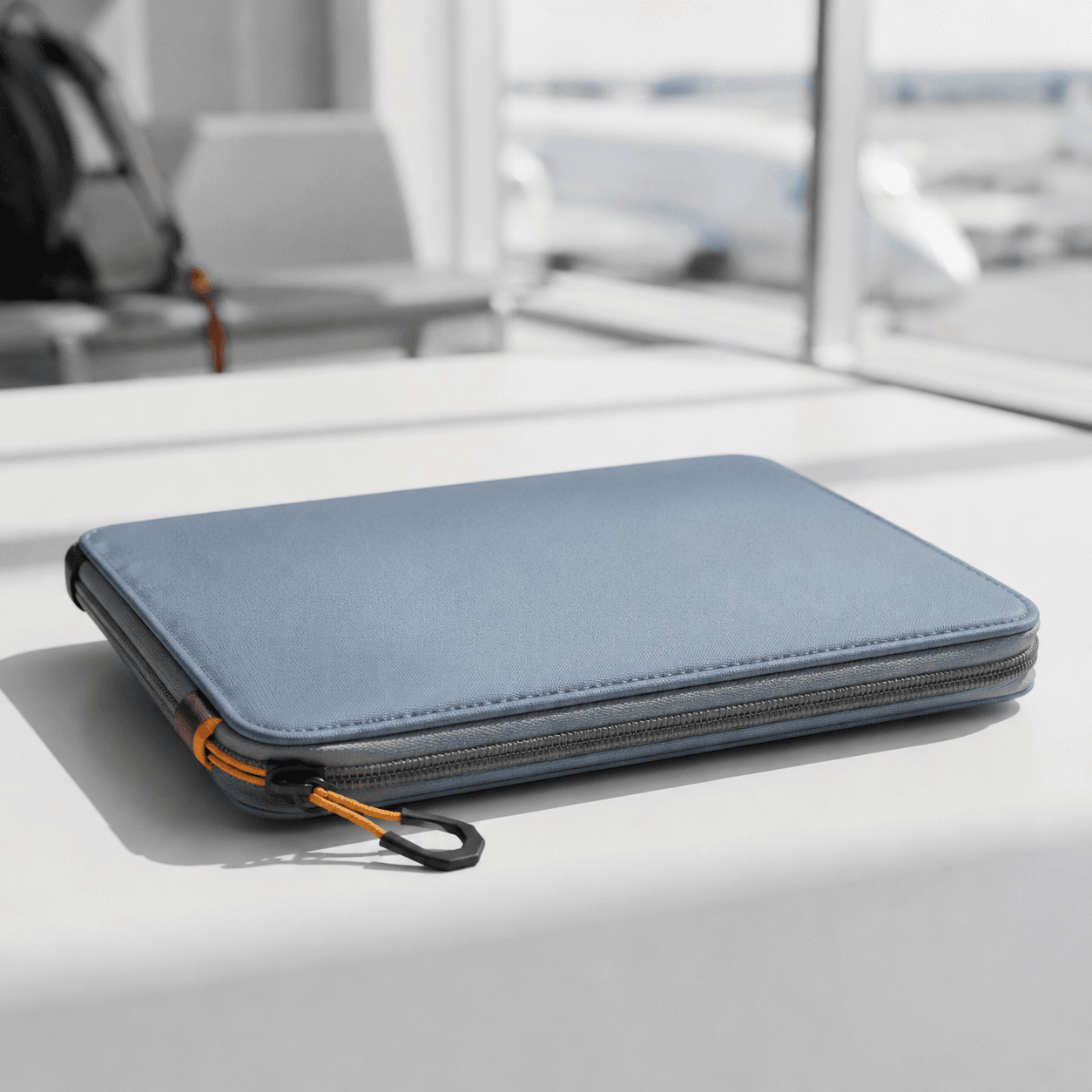 Fog-blue zip document folder closed flat on a neutral studio backdrop