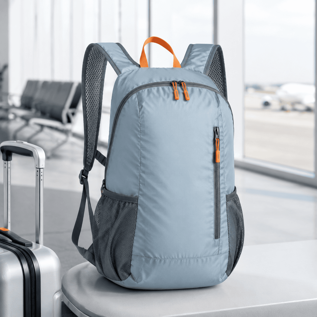 Fog-blue foldable daypack shown unfolded on a neutral studio backdrop