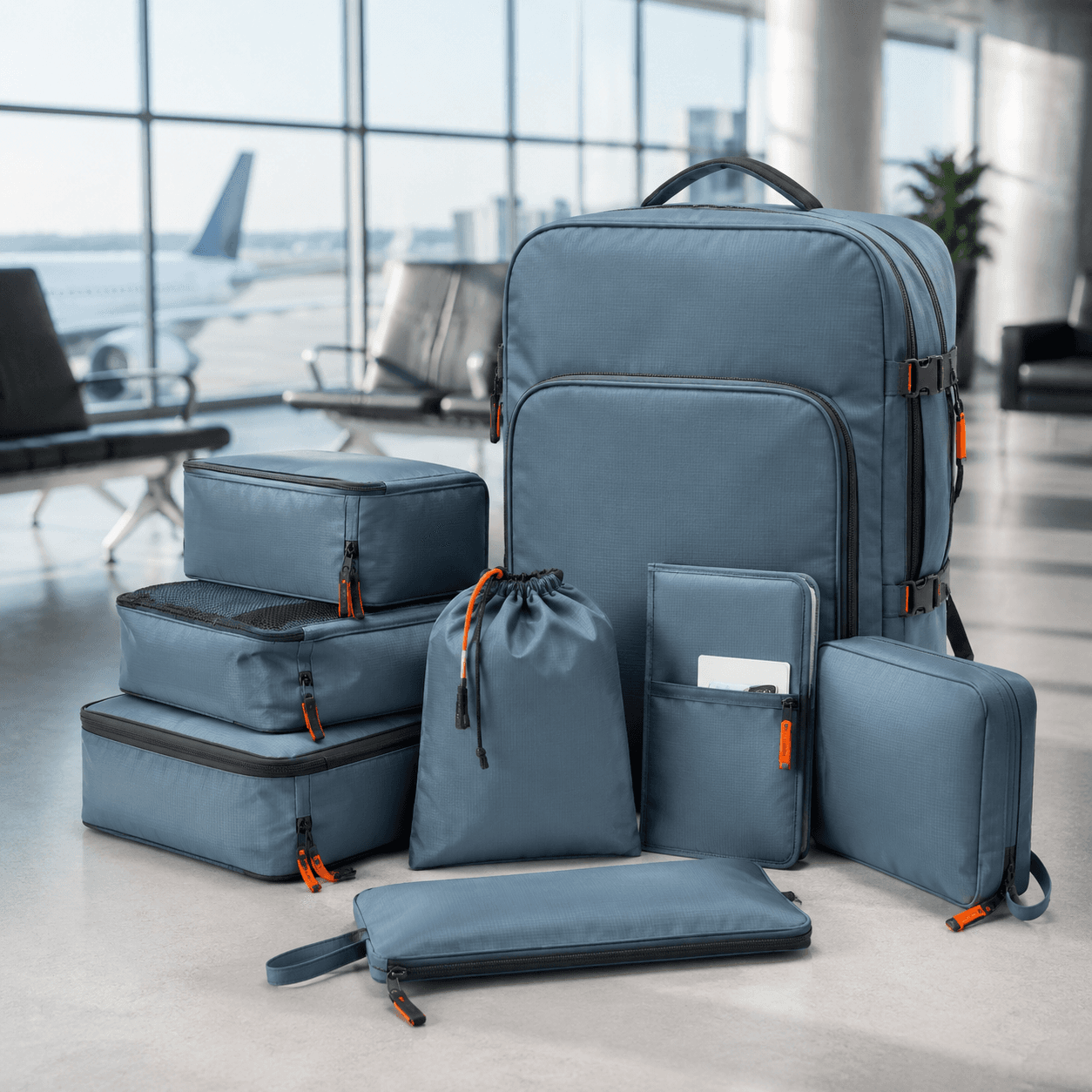 Transit ready bundle of matched fog-blue travel organisers arranged together on a studio backdrop