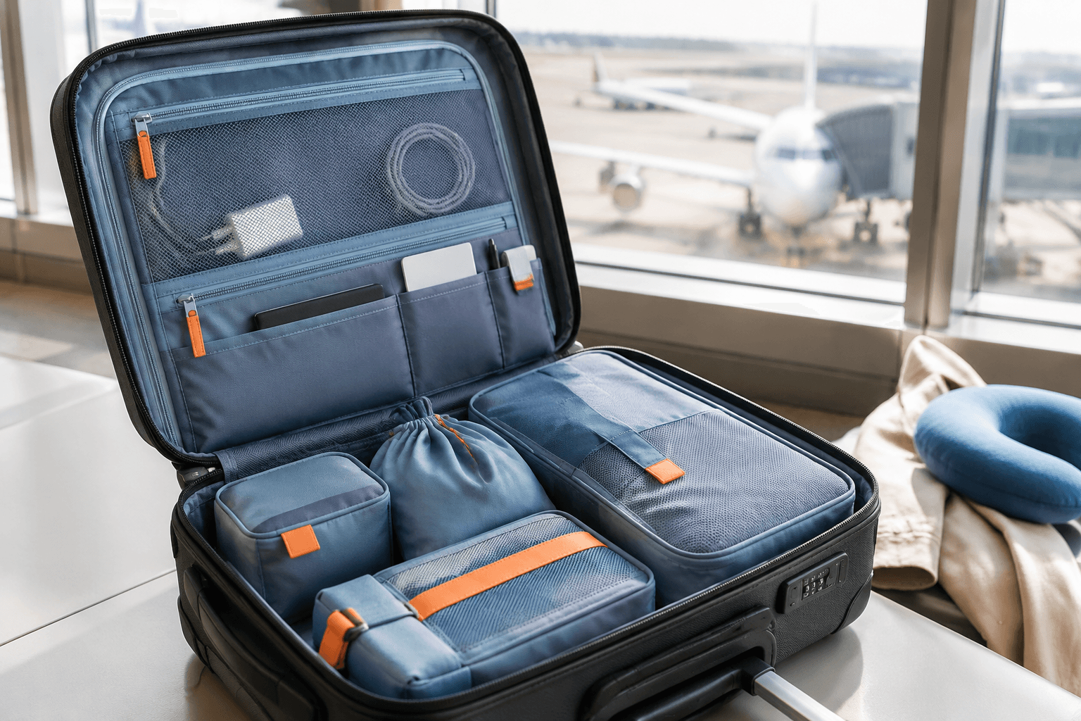 Full travel organiser kit packed into an open carry-on suitcase by an airport window