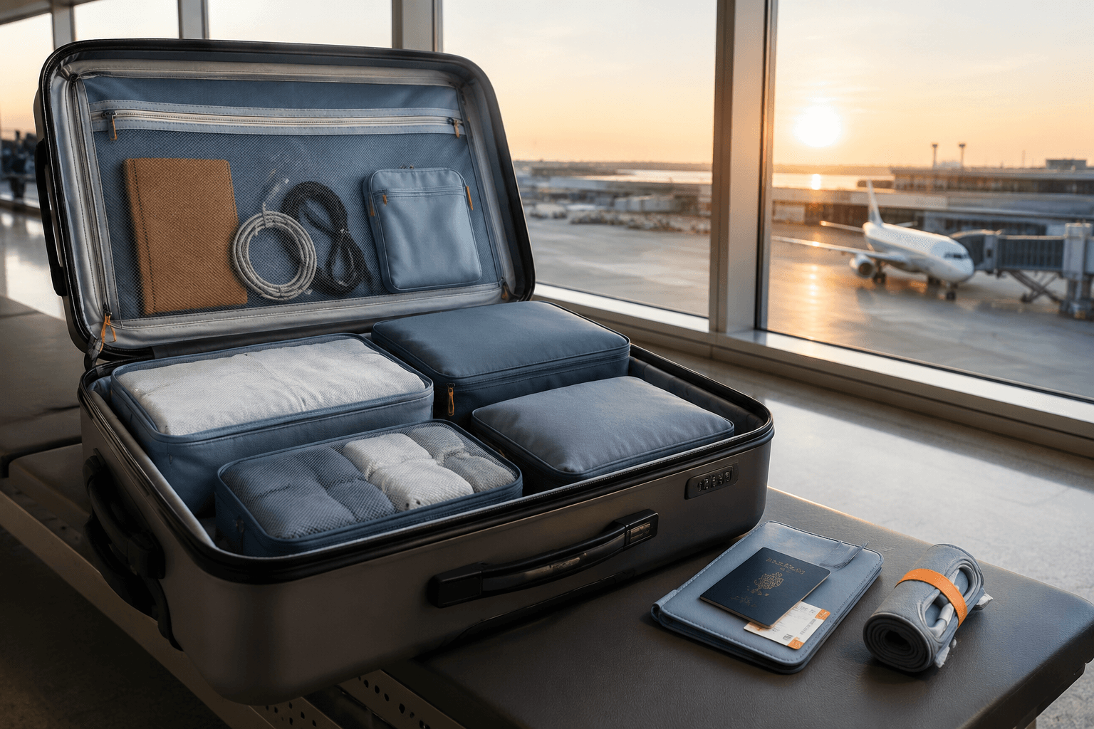 Open carry-on suitcase neatly packed with fog-blue packing cubes and a passport wallet by a bright airport window
